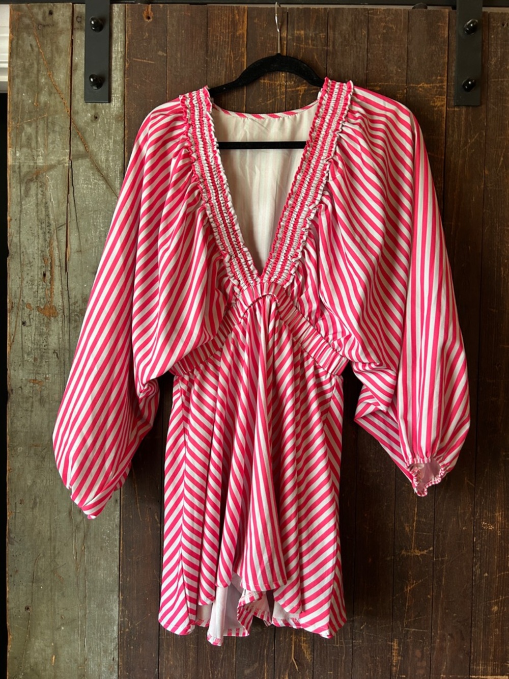 Striped Pink & White V-Neck Romper shorts with Smocked Detail
